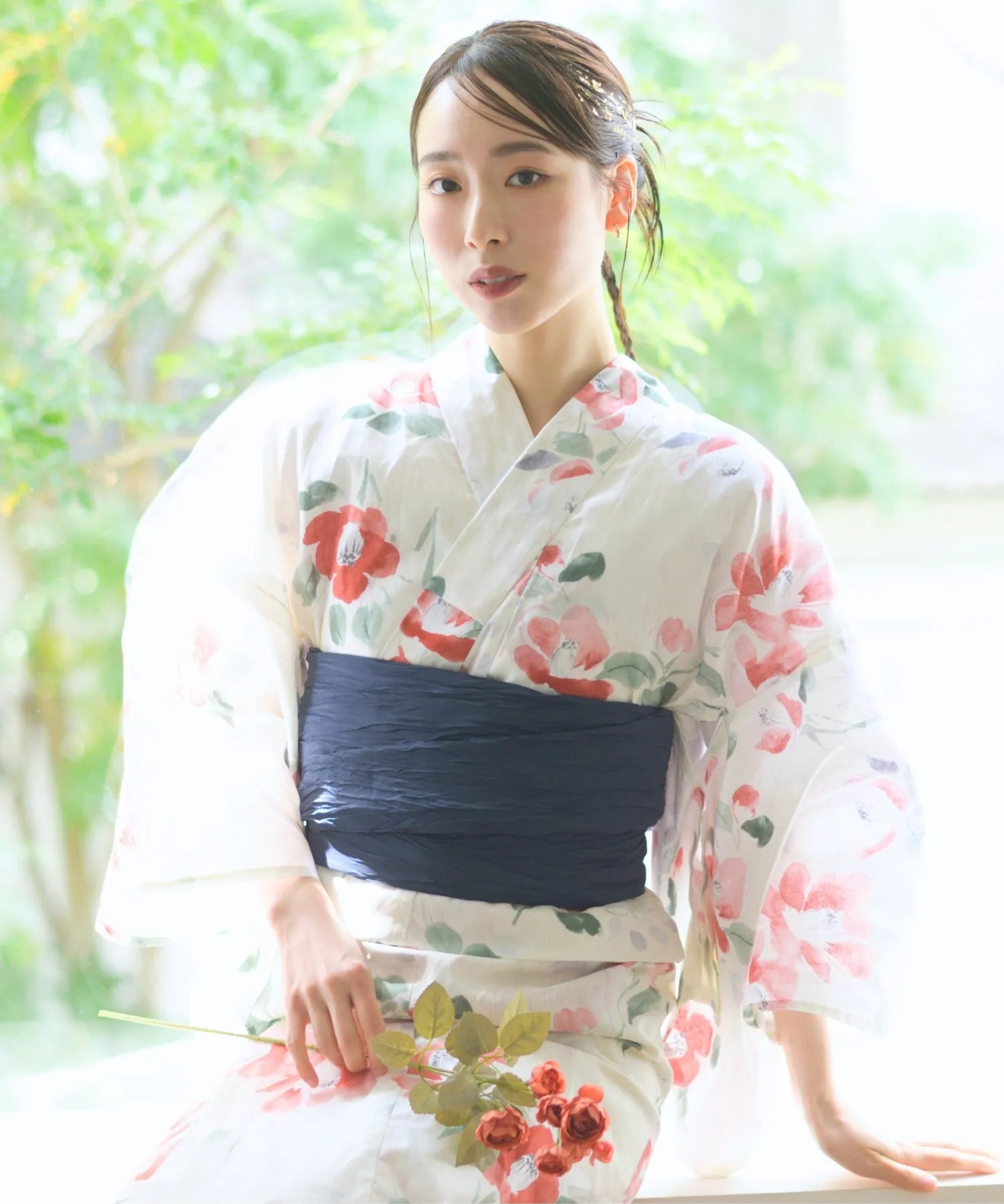 夏花浴衣 白昼の紅椿 下駄付き5点セット(浴衣・兵児帯・腰紐×2・下駄)