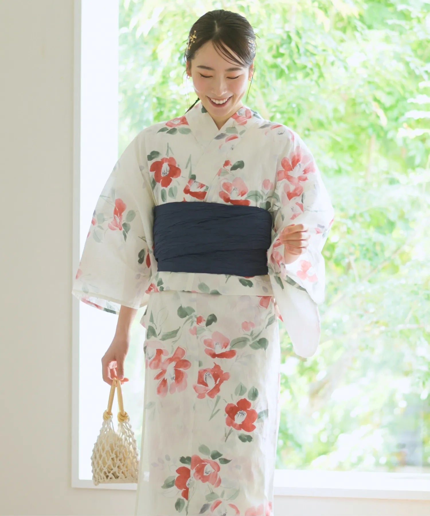 夏花浴衣 白昼の紅椿 下駄付き5点セット(浴衣・兵児帯・腰紐×2・下駄)