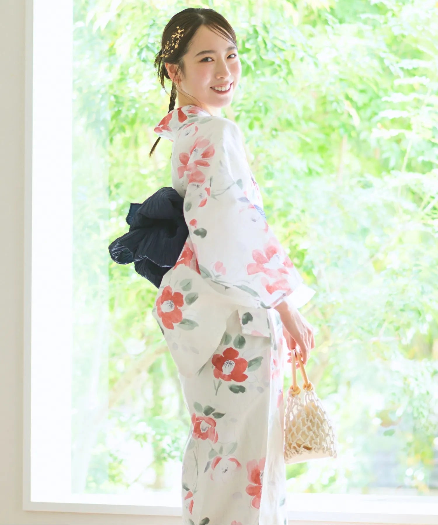 夏花浴衣 白昼の紅椿 下駄付き5点セット(浴衣・兵児帯・腰紐×2・下駄)