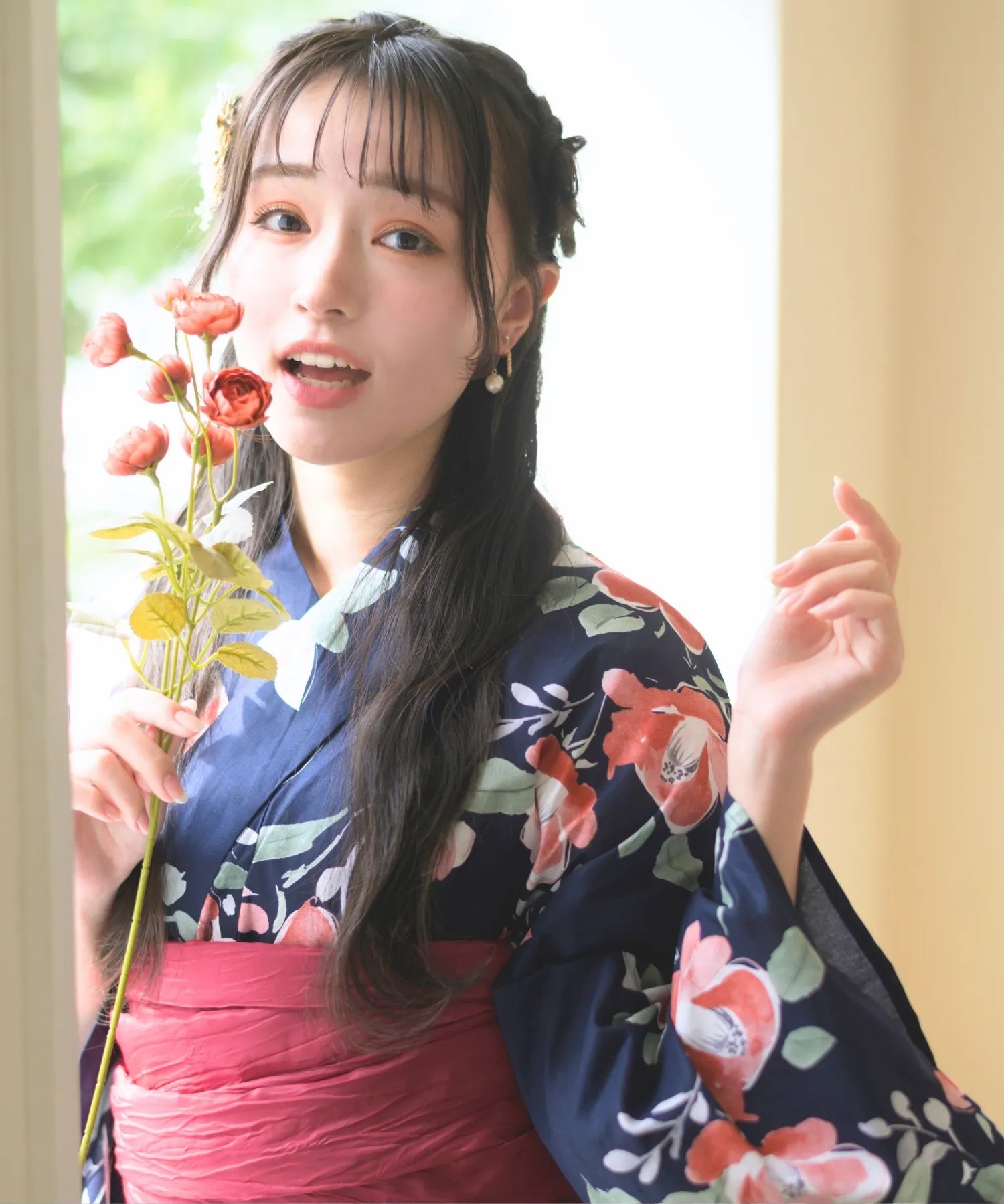 夕涼浴衣 藍夜の紅椿 二部式3点セット(上衣・下衣・兵児帯)
