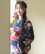 夕涼浴衣 藍夜の紅椿 二部式3点セット(上衣・下衣・兵児帯)