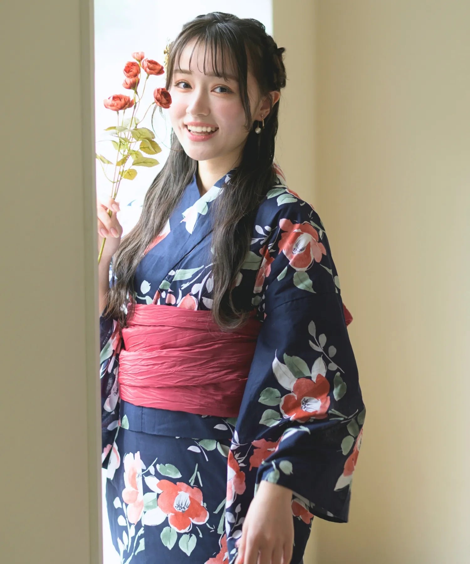 夕涼浴衣 藍夜の紅椿 二部式3点セット(上衣・下衣・兵児帯)