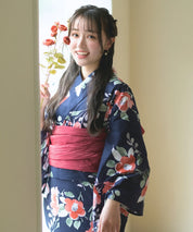 夕涼浴衣 藍夜の紅椿 二部式3点セット(上衣・下衣・兵児帯)