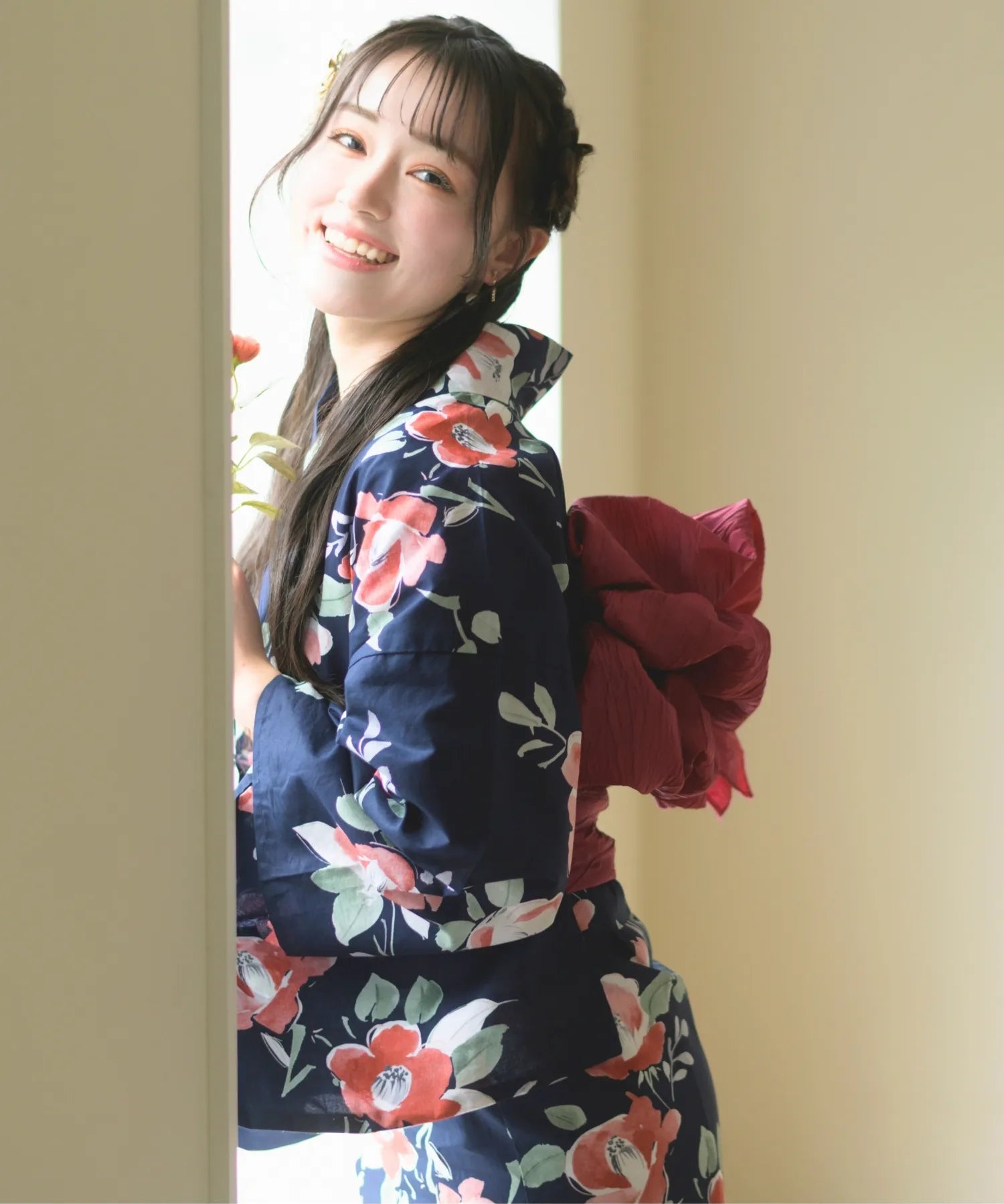 夕涼浴衣 藍夜の紅椿 二部式3点セット(上衣・下衣・兵児帯)