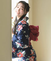 夕涼浴衣 藍夜の紅椿 二部式3点セット(上衣・下衣・兵児帯)