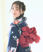 夕涼浴衣 藍夜の紅椿 二部式3点セット(上衣・下衣・兵児帯)
