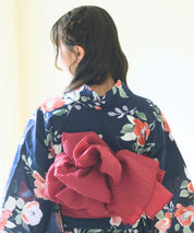 夕涼浴衣 藍夜の紅椿 二部式3点セット(上衣・下衣・兵児帯)