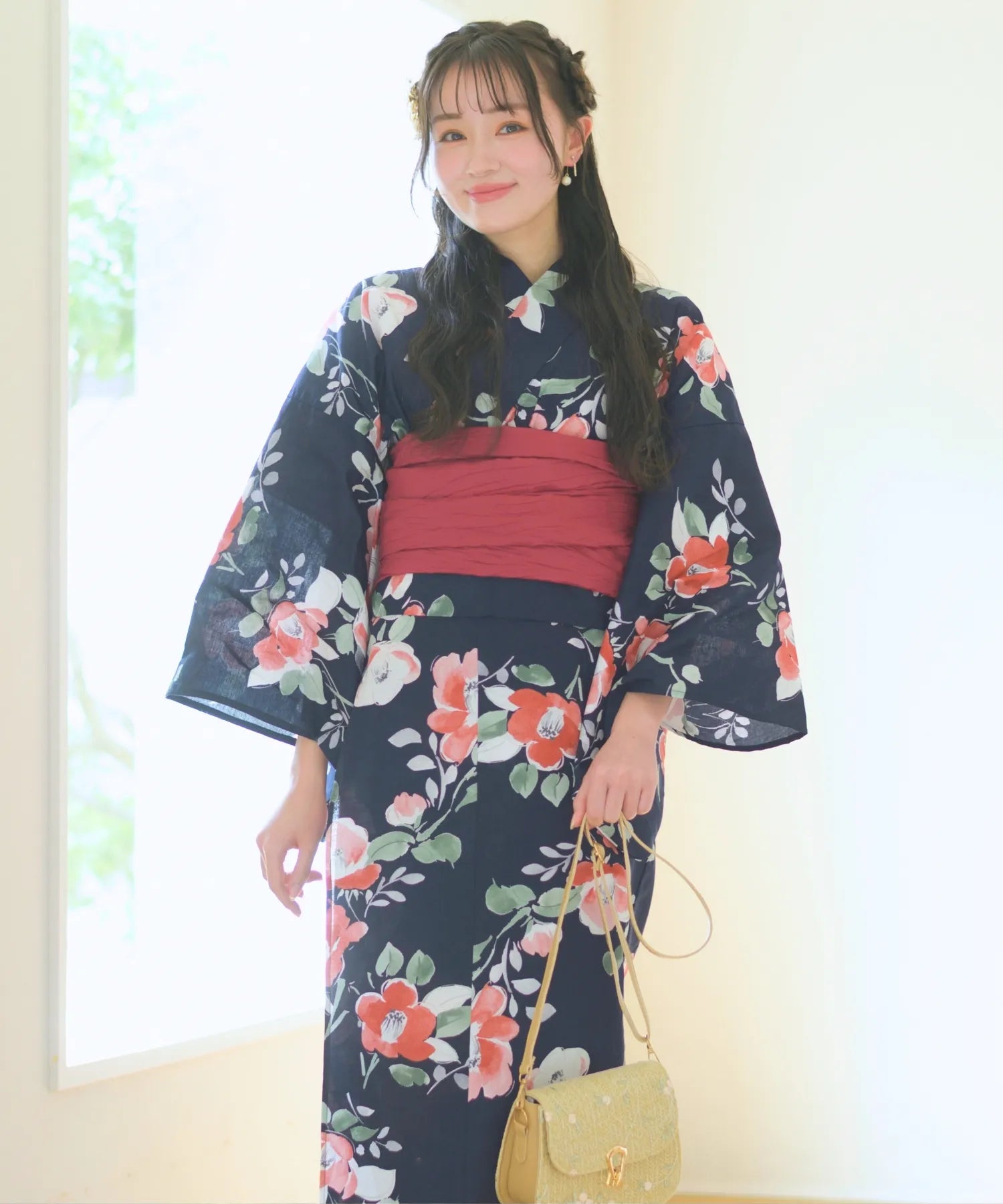 夕涼浴衣 藍夜の紅椿 二部式3点セット(上衣・下衣・兵児帯)