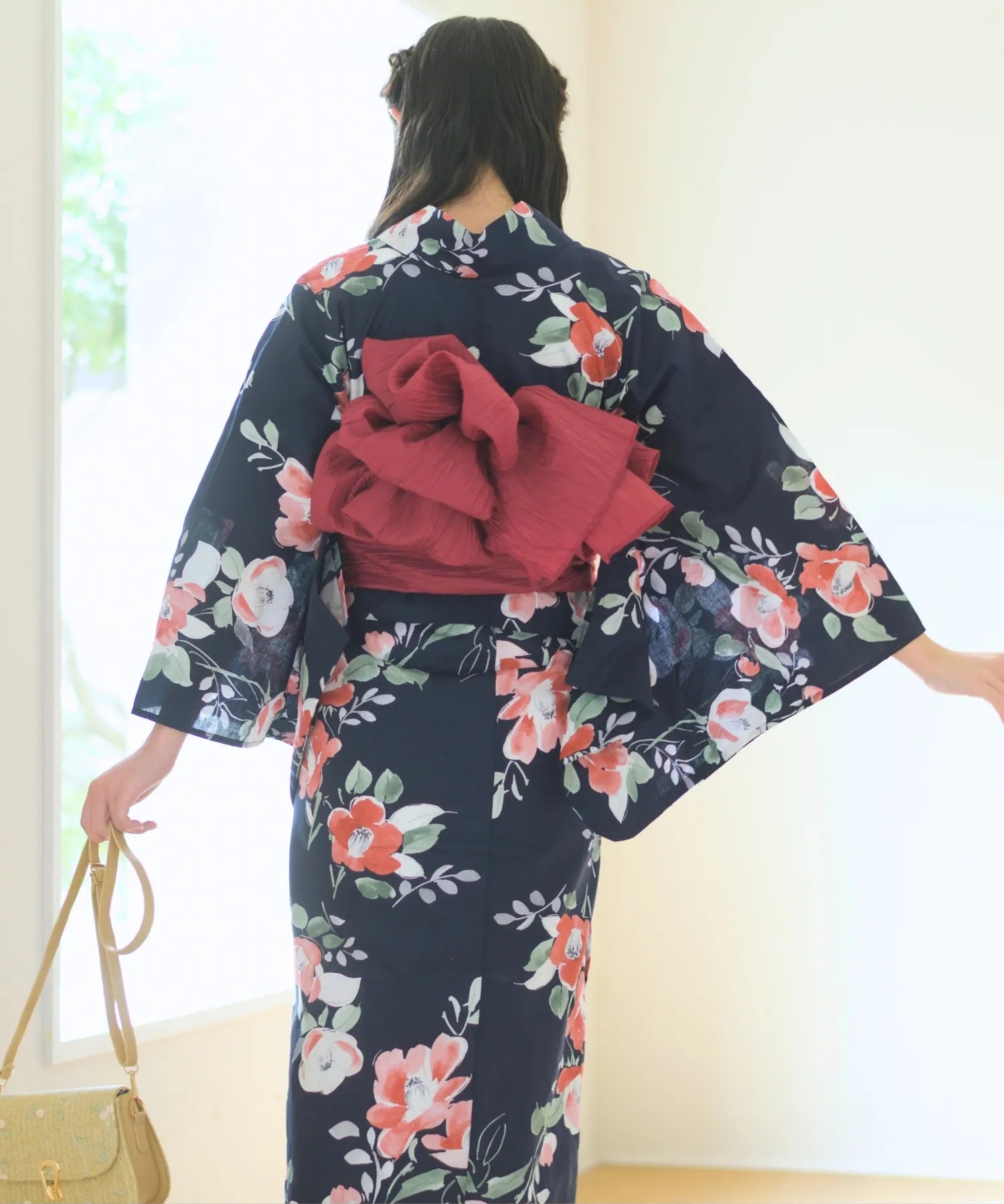 夕涼浴衣 藍夜の紅椿 二部式3点セット(上衣・下衣・兵児帯)