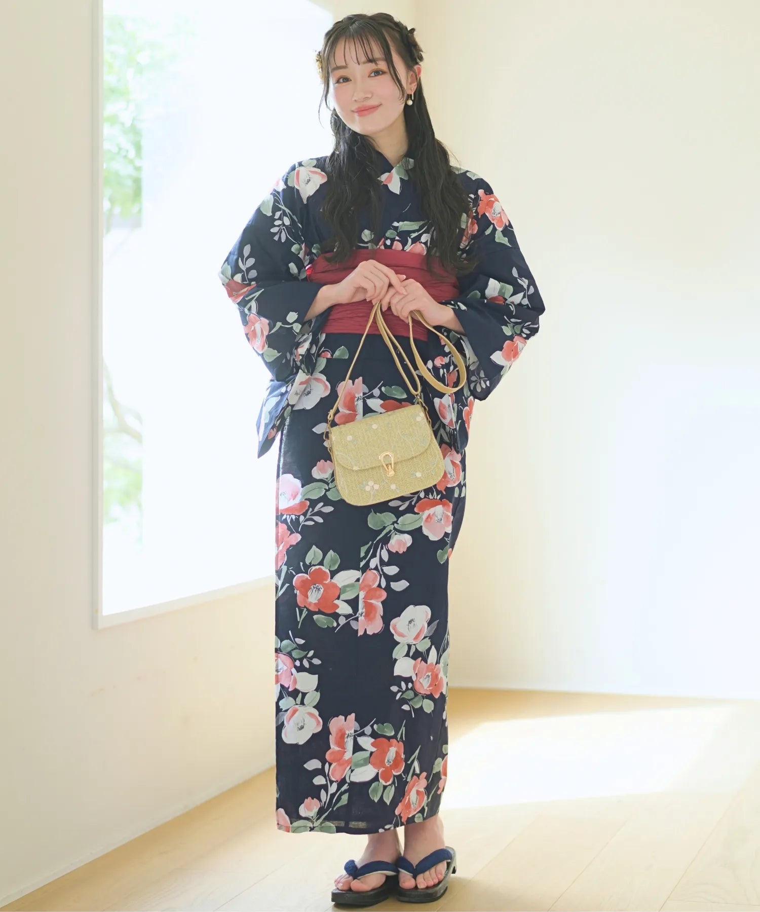 夕涼浴衣 藍夜の紅椿 二部式3点セット(上衣・下衣・兵児帯)
