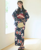 夕涼浴衣 藍夜の紅椿 二部式3点セット(上衣・下衣・兵児帯)