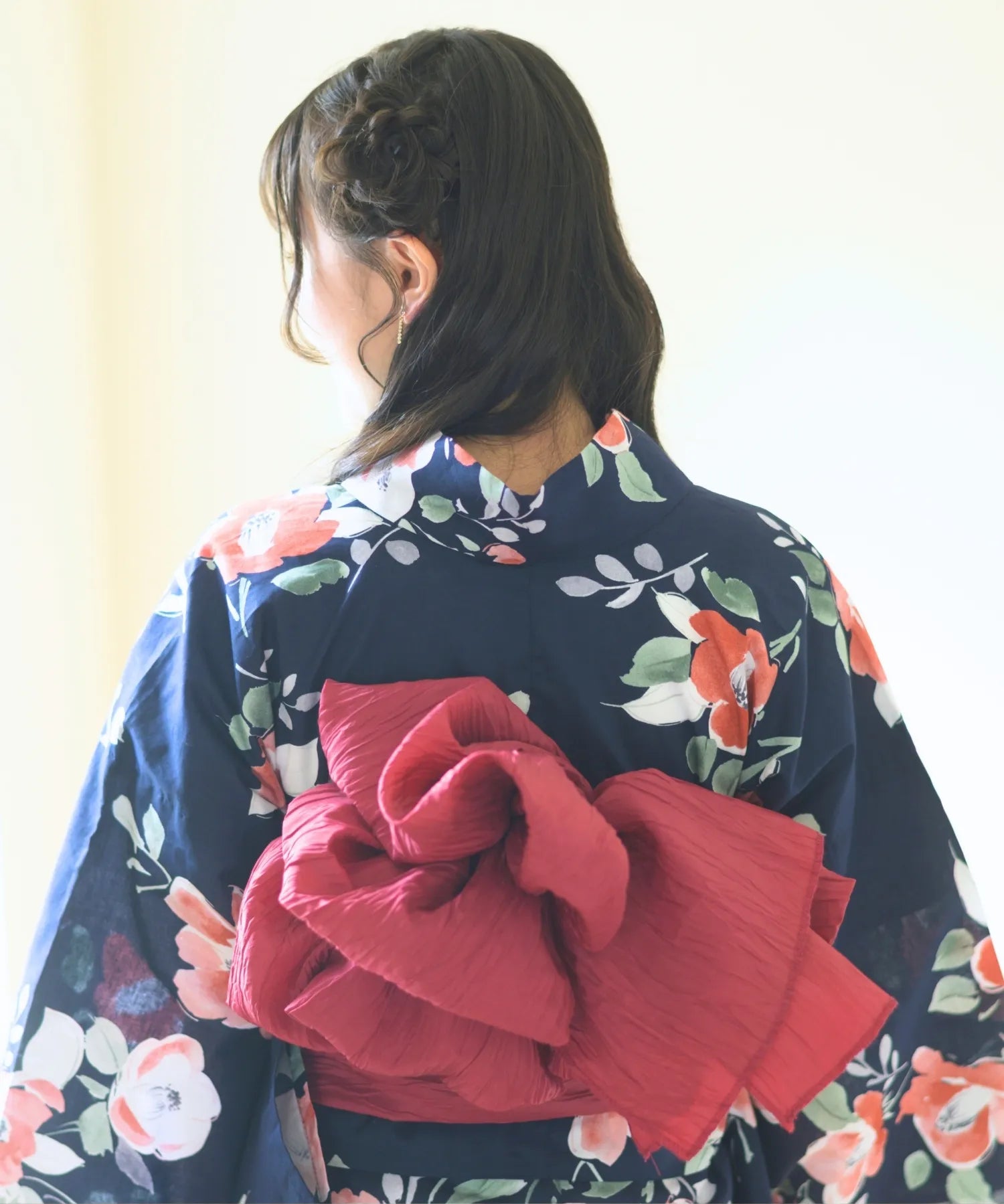 夕涼浴衣 藍夜の紅椿 二部式3点セット(上衣・下衣・兵児帯)
