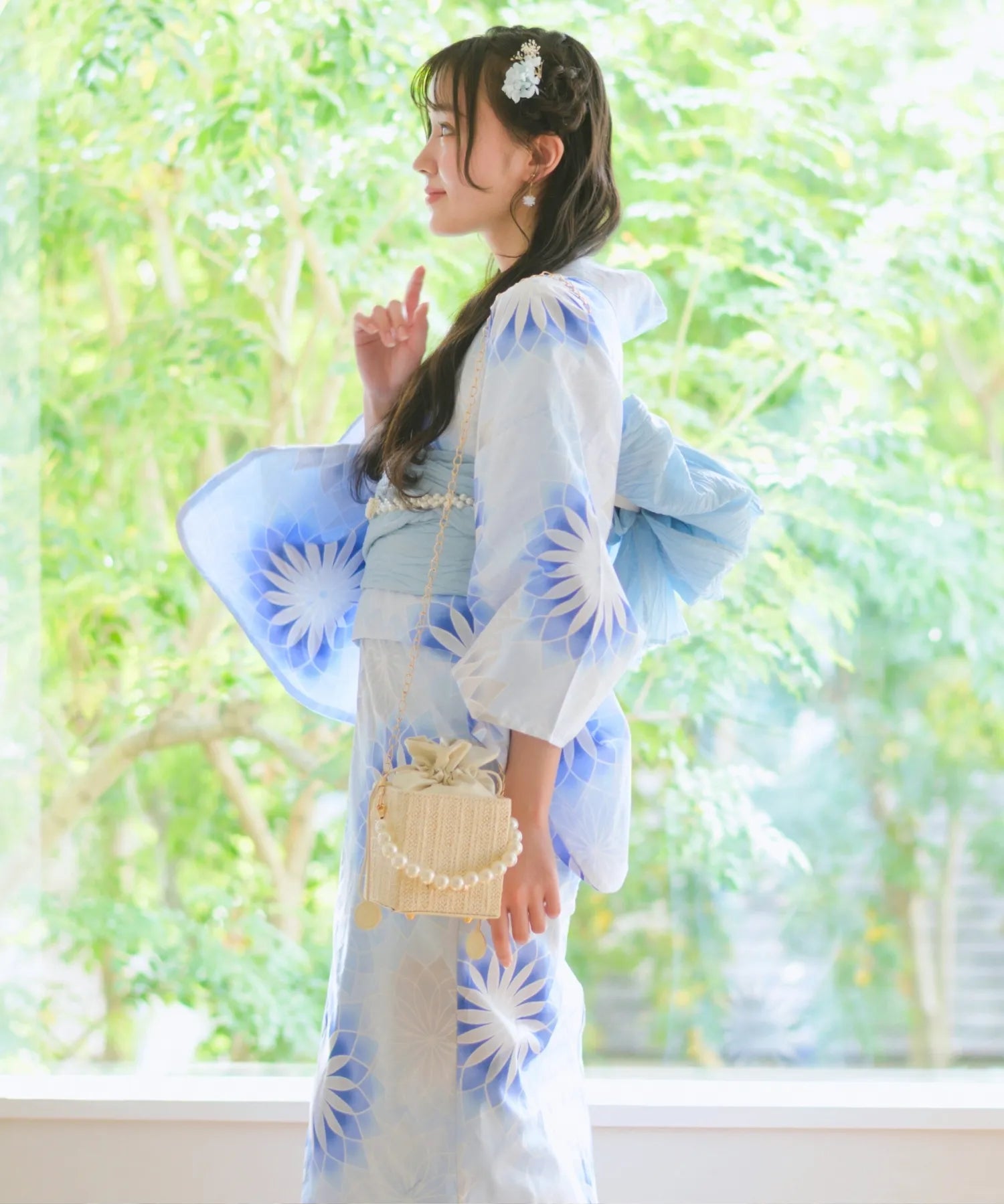 画像の帯つき【雑誌掲載】上品高貴な丸菊づくし涼し流水色浴衣◆ 浴衣 レディース セット レトロ 高級変わり織り綿麻浴衣3点