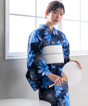 夏花浴衣 蒼花流れ 4点セット(浴衣・兵児帯・腰紐×2)