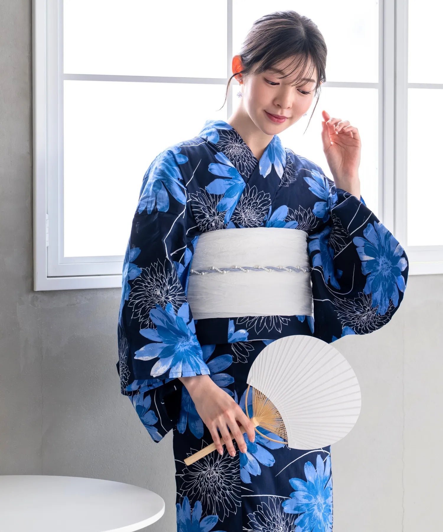夏花浴衣 蒼花流れ 4点セット(浴衣・兵児帯・腰紐×2)