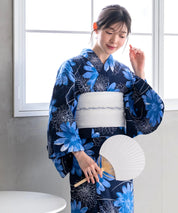 夏花浴衣 蒼花流れ 4点セット(浴衣・兵児帯・腰紐×2)