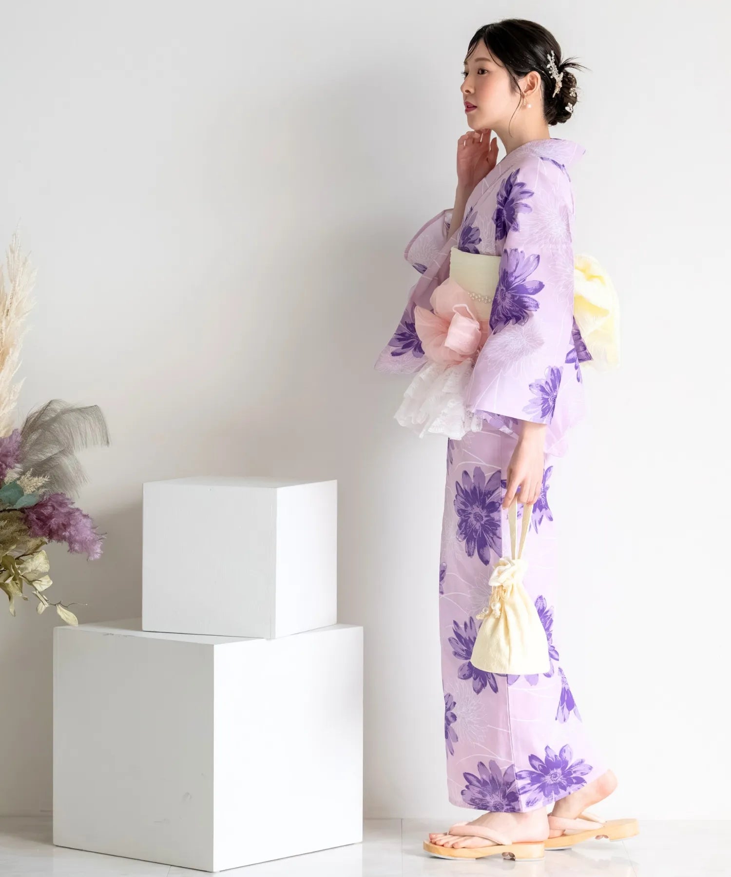夏花浴衣 紫花ゆらり 4点セット(浴衣・兵児帯・腰紐×2)