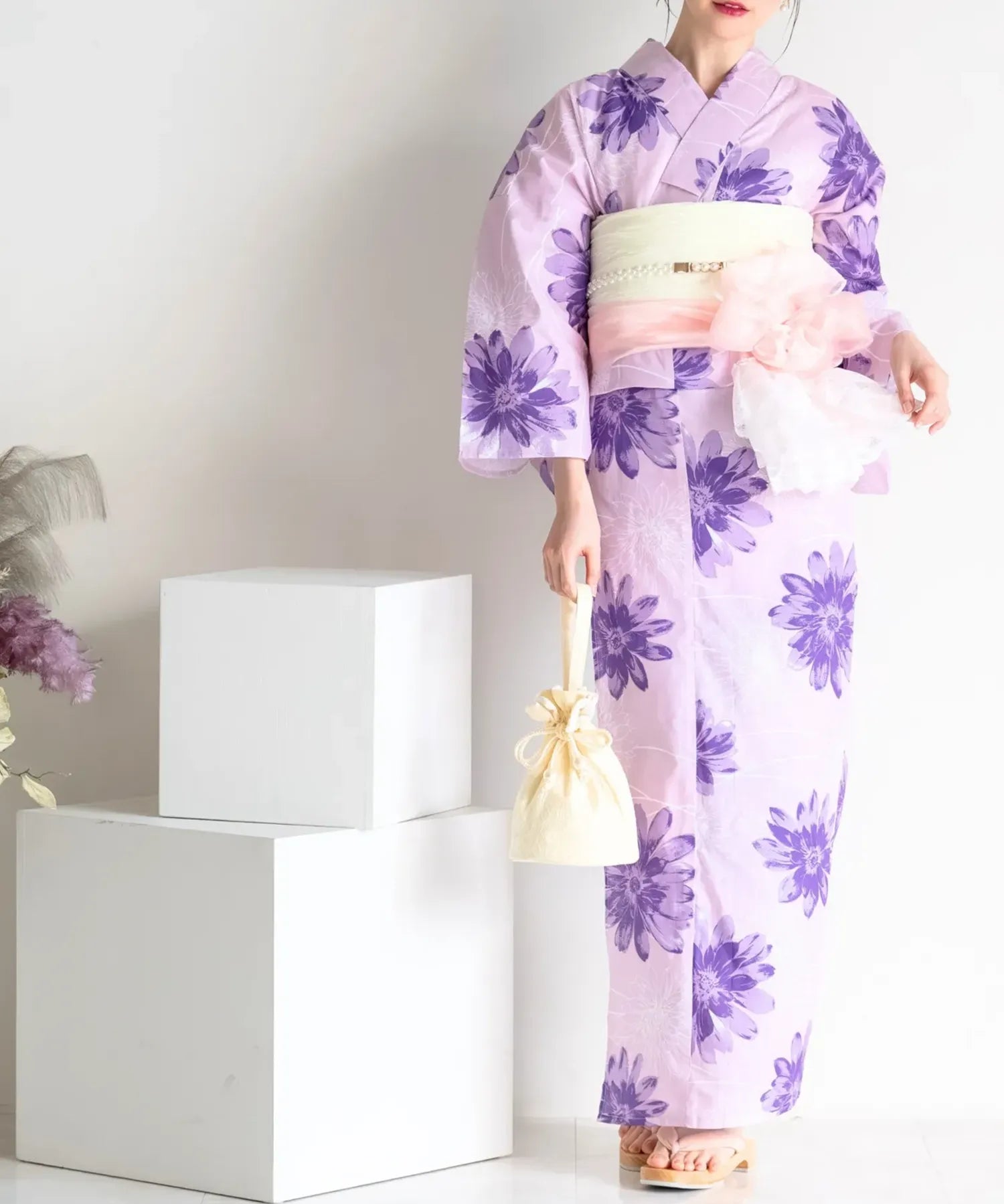 夏花浴衣 紫花ゆらり 4点セット(浴衣・兵児帯・腰紐×2)