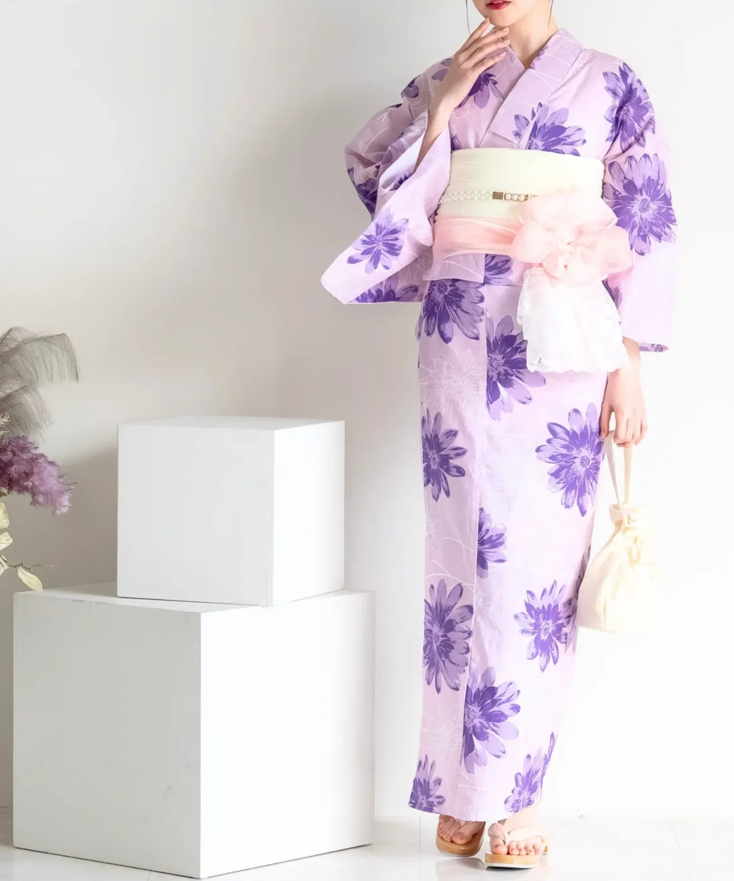 夏花浴衣 紫花ゆらり 4点セット(浴衣・兵児帯・腰紐×2)