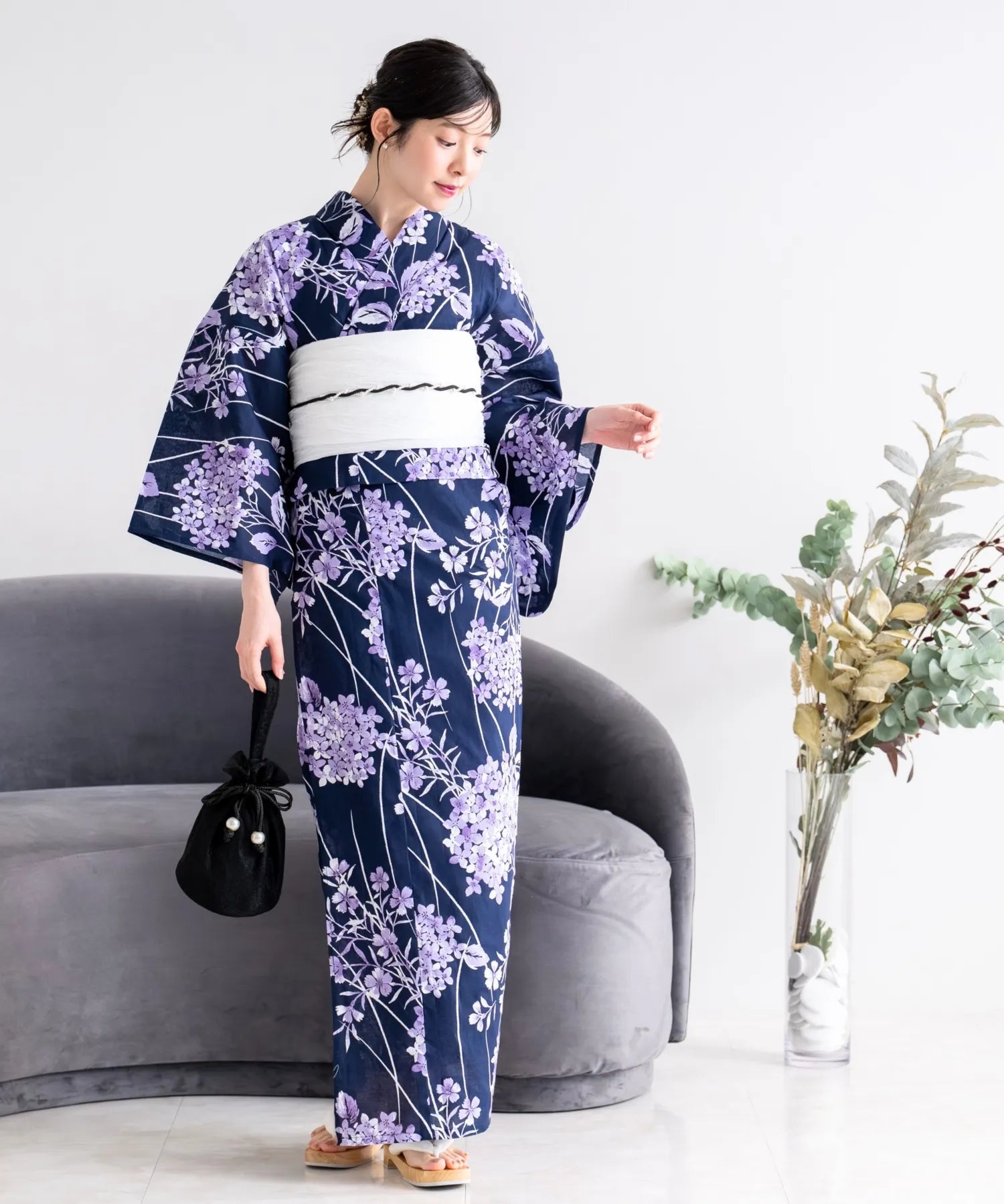 夏花浴衣 花影の紫陽花 4点セット(浴衣・兵児帯・腰紐×2)