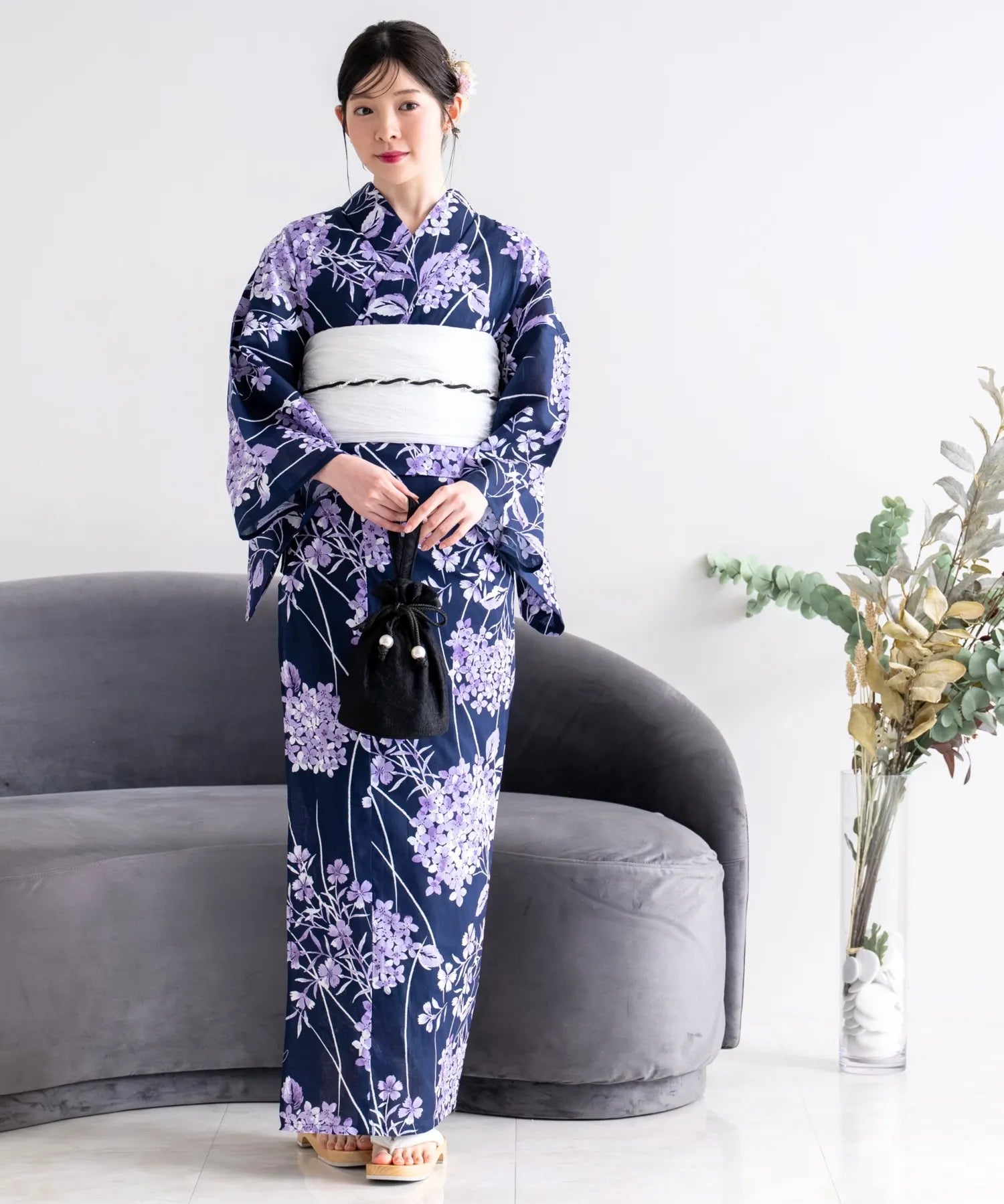 夏花浴衣 花影の紫陽花 4点セット(浴衣・兵児帯・腰紐×2)