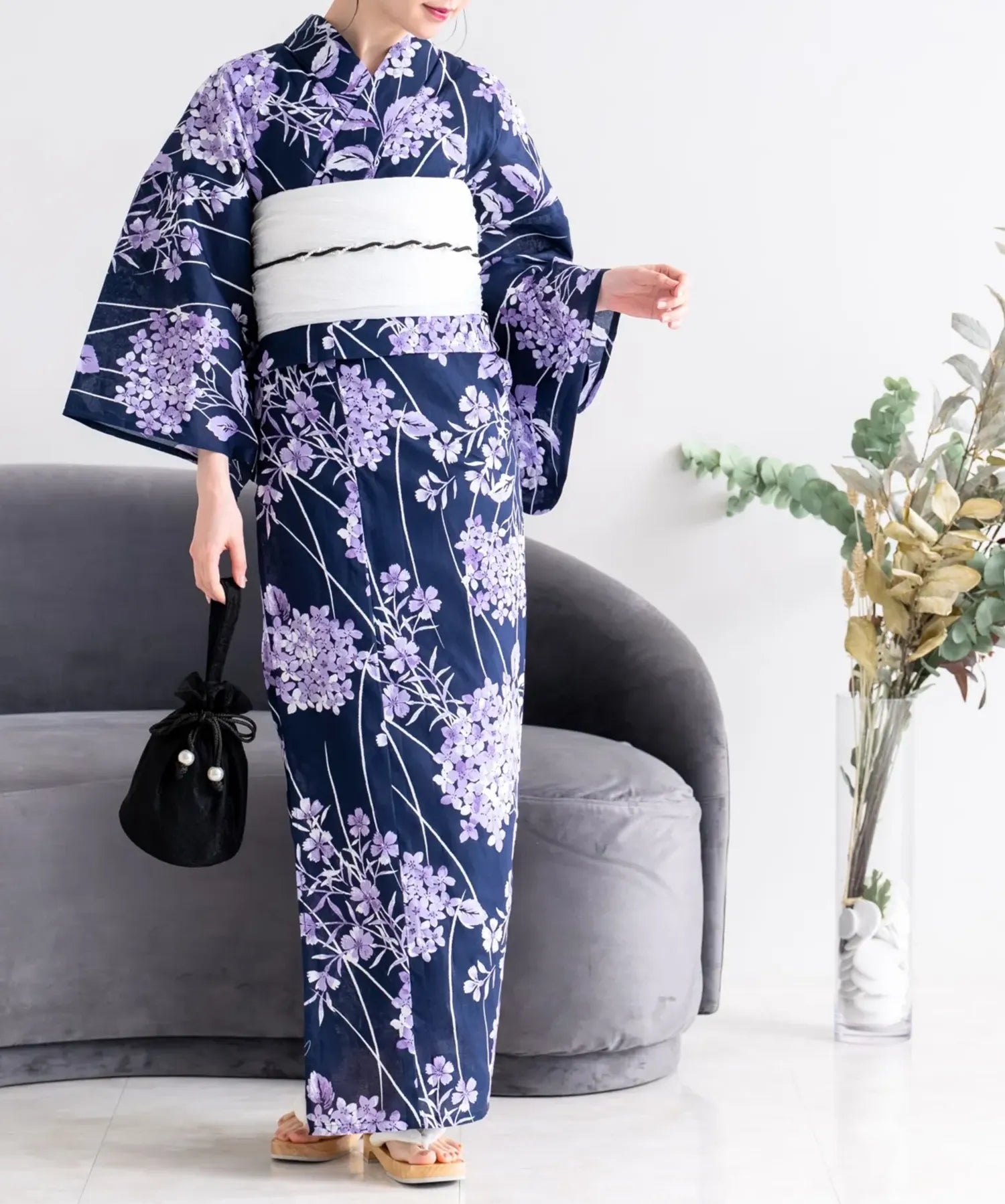 夏花浴衣 花影の紫陽花 4点セット(浴衣・兵児帯・腰紐×2)