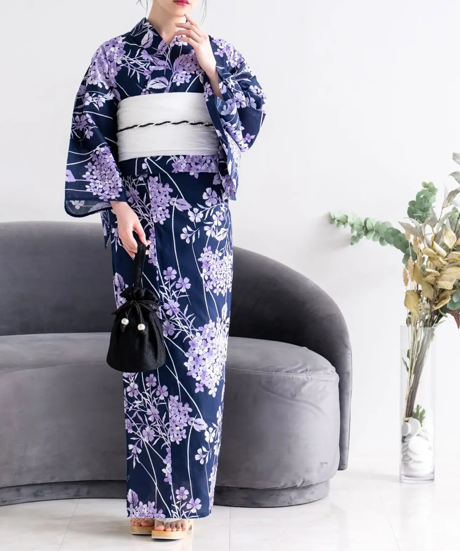 夏花浴衣 花影の紫陽花 4点セット(浴衣・兵児帯・腰紐×2)