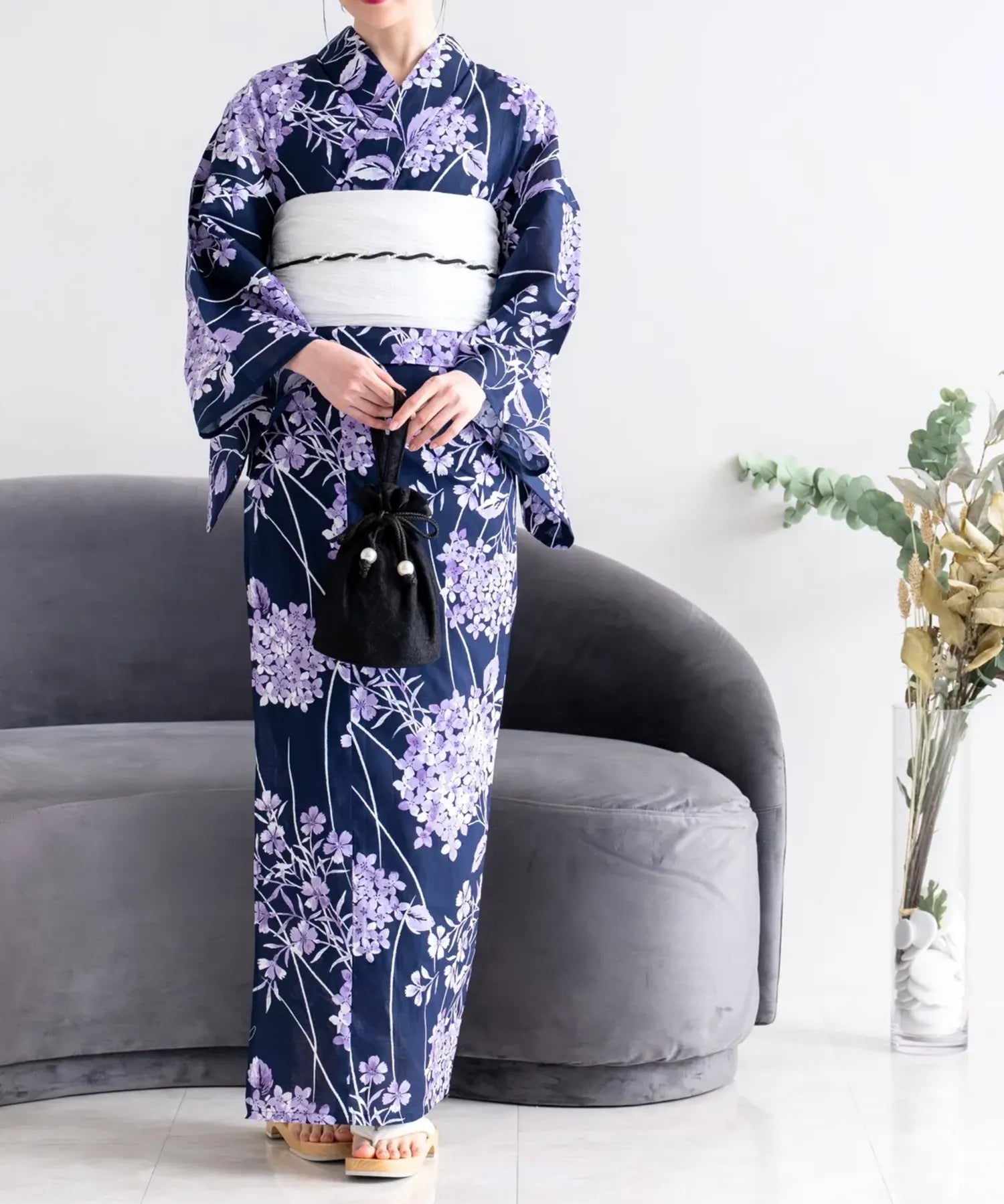 夏花浴衣 花影の紫陽花 4点セット(浴衣・兵児帯・腰紐×2)