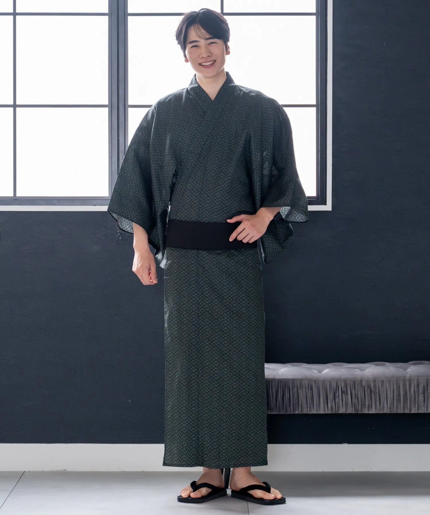 粋夏浴衣 深翠格子 メンズ 3点セット(浴衣・角帯・雪駄)