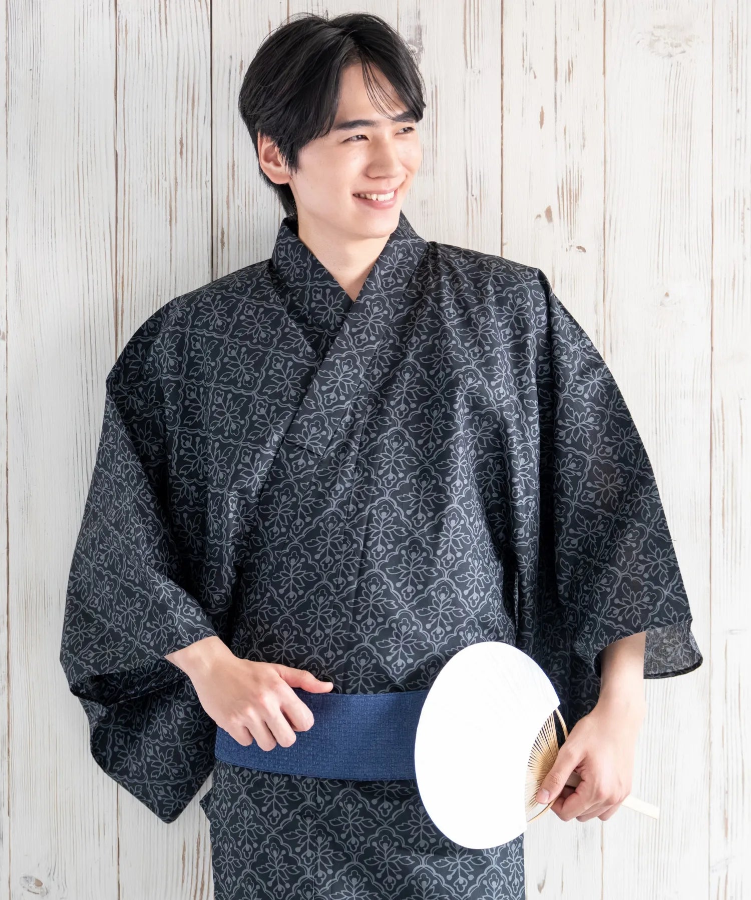粋夏浴衣 黒影雅文 メンズ 3点セット(浴衣・角帯・雪駄)